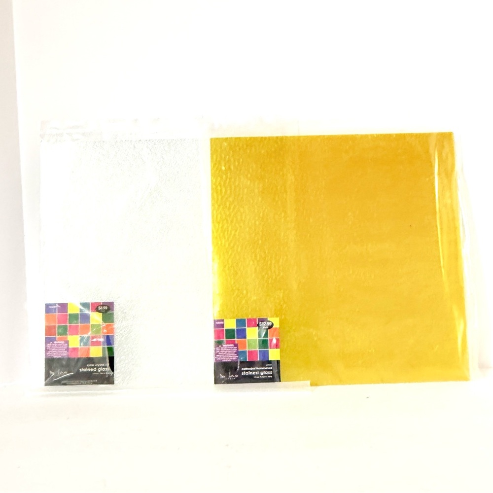 New Sealed Stained Glass Panels 12” Crystal Ice & Yellow Cathedral Hammered